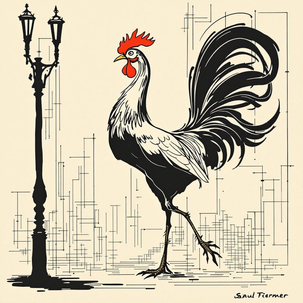 Rooster Crowing on Rooftops at Dawn, Elegant Distortion