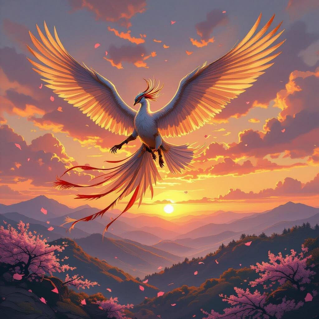 Onna Bugeisha Griffin Soaring at Sunset: Painterly Style