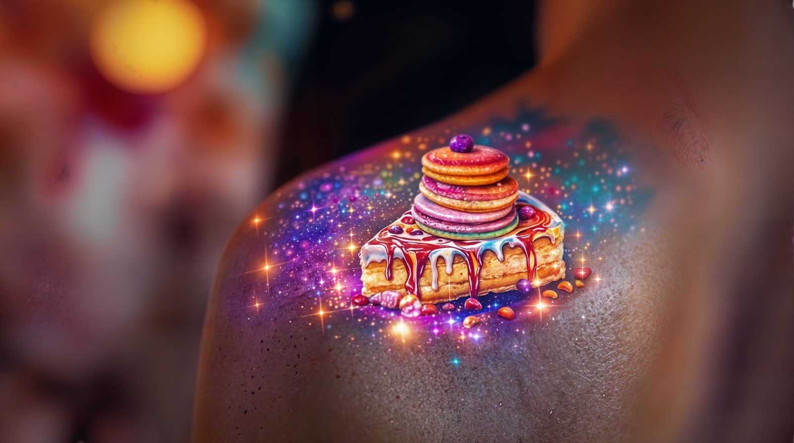 Luminous Watercolor Tattoo of Macaron Tower with Delicate Im...