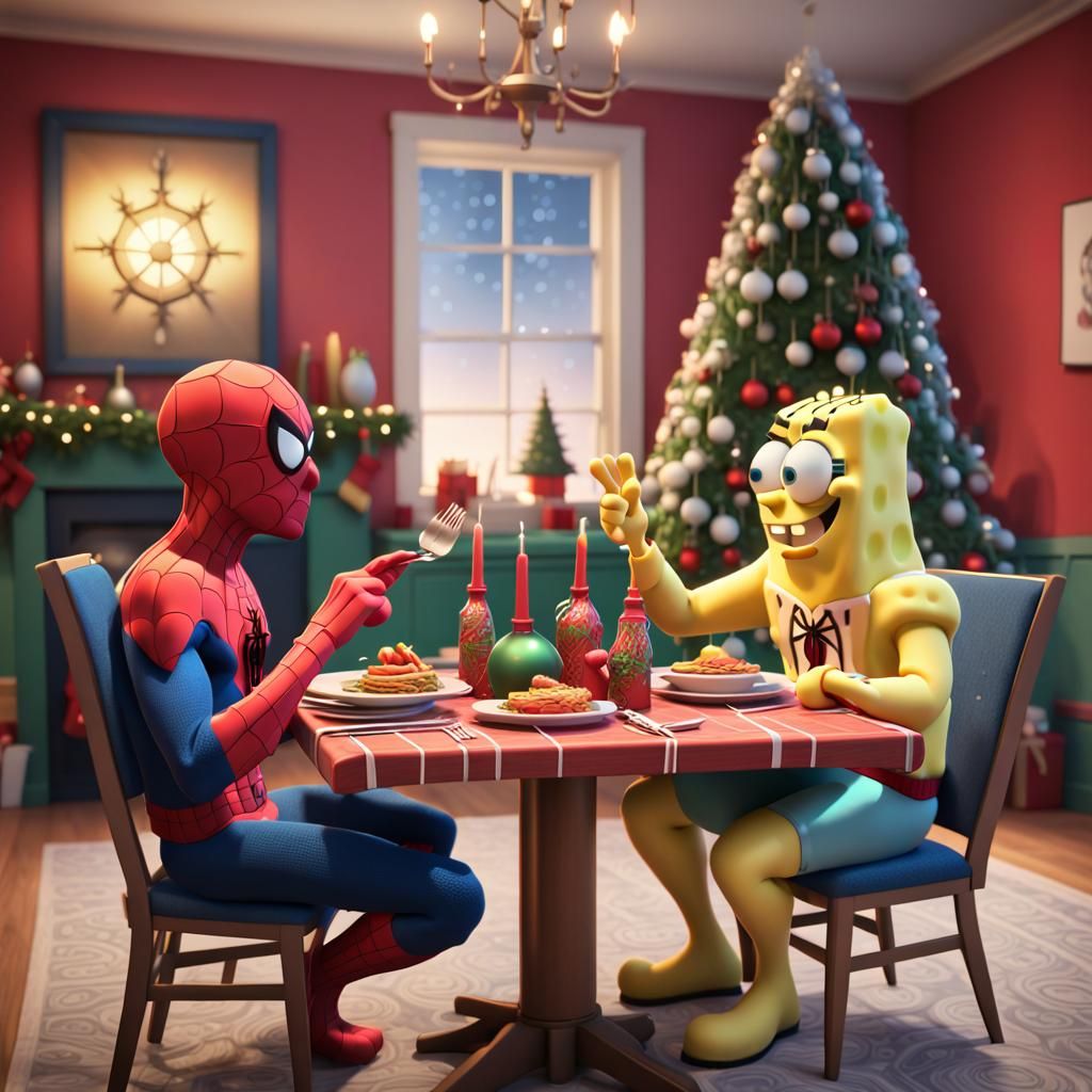 Spongebob Square pants and Spiderman having dinner during christmas