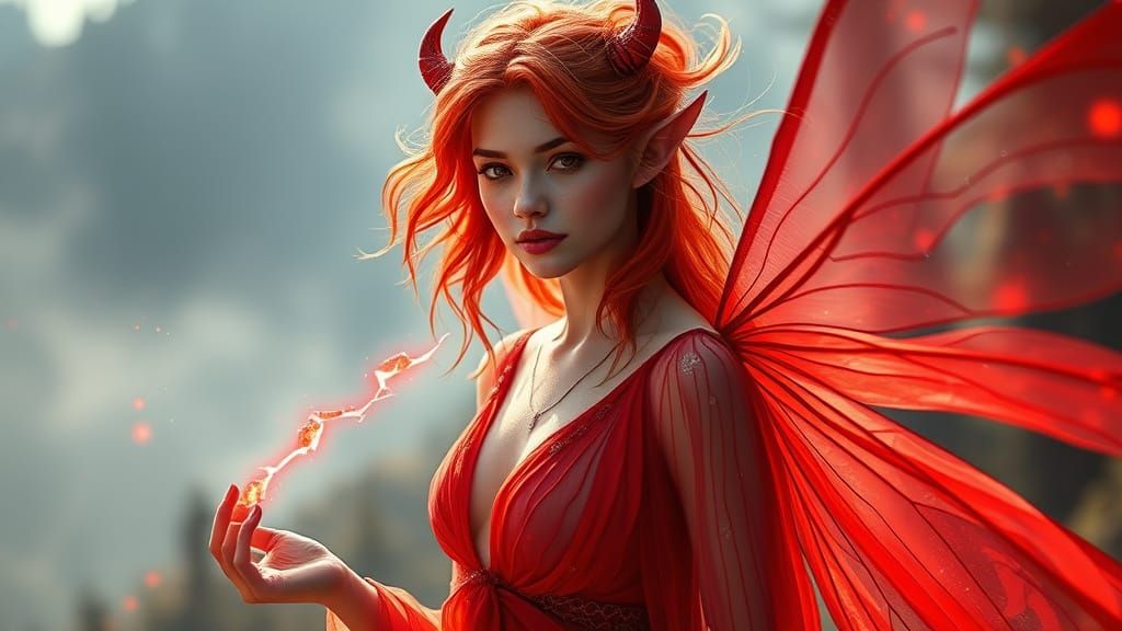 Ethereal Autumn Fairy Portrait with Red Quartz Wings