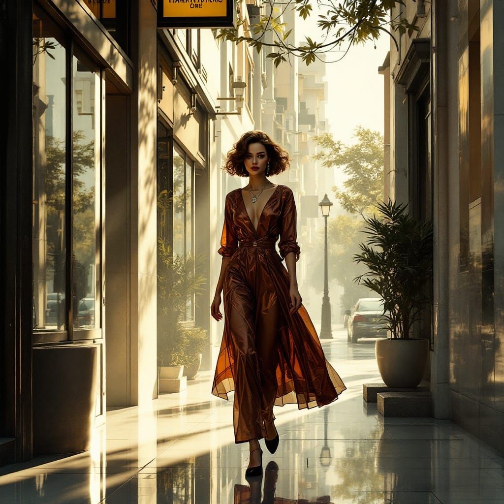 Retrofuturistic Woman Walking Down Quiet Street