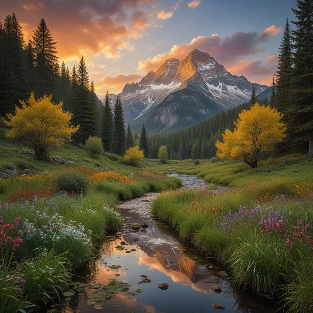 Vibrant Mountain Landscape in Impasto Style with Floral Terr...