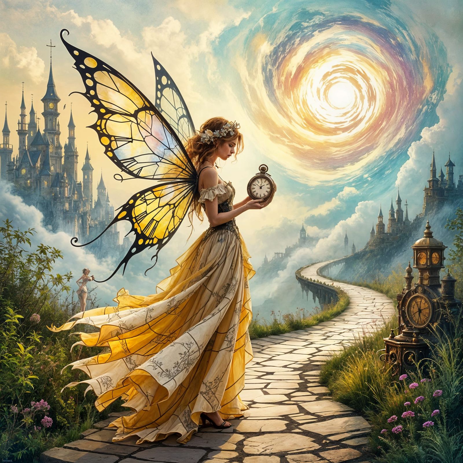 Time Fairy at the Crossroads: Impressionistic Watercolor