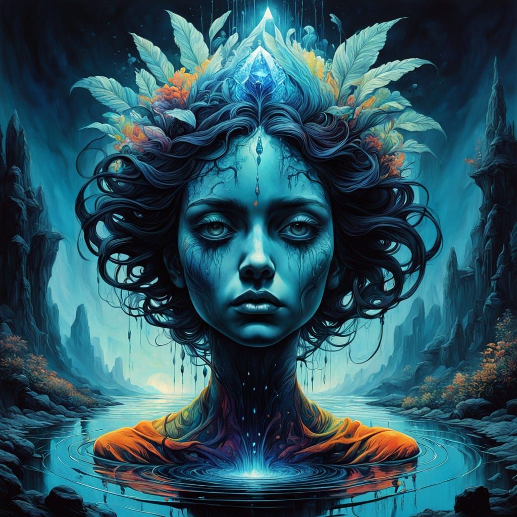 Surreal Lady Portrait with Liquid Moonlight Fountain