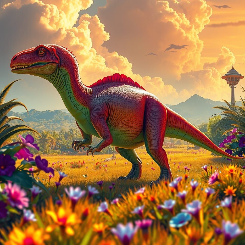 Iridescent Dinosaur in Luminous Jungle Landscape