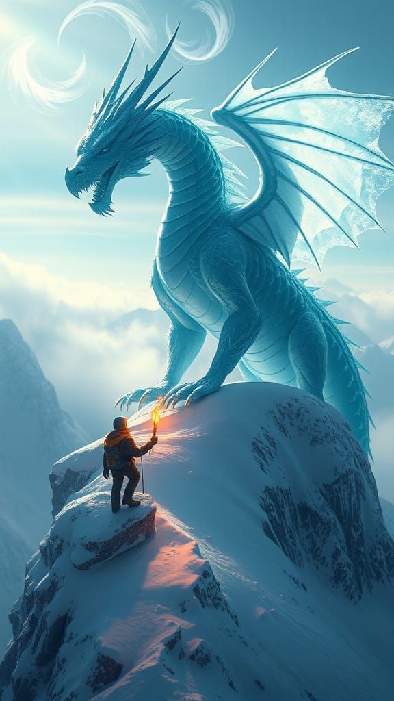 Majestic Ice Dragon Overlooks Frozen Kingdom in Snowy Landsc...
