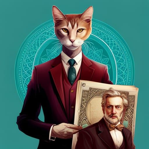 Black Cat in Suit Before Neoclassical Courthouse