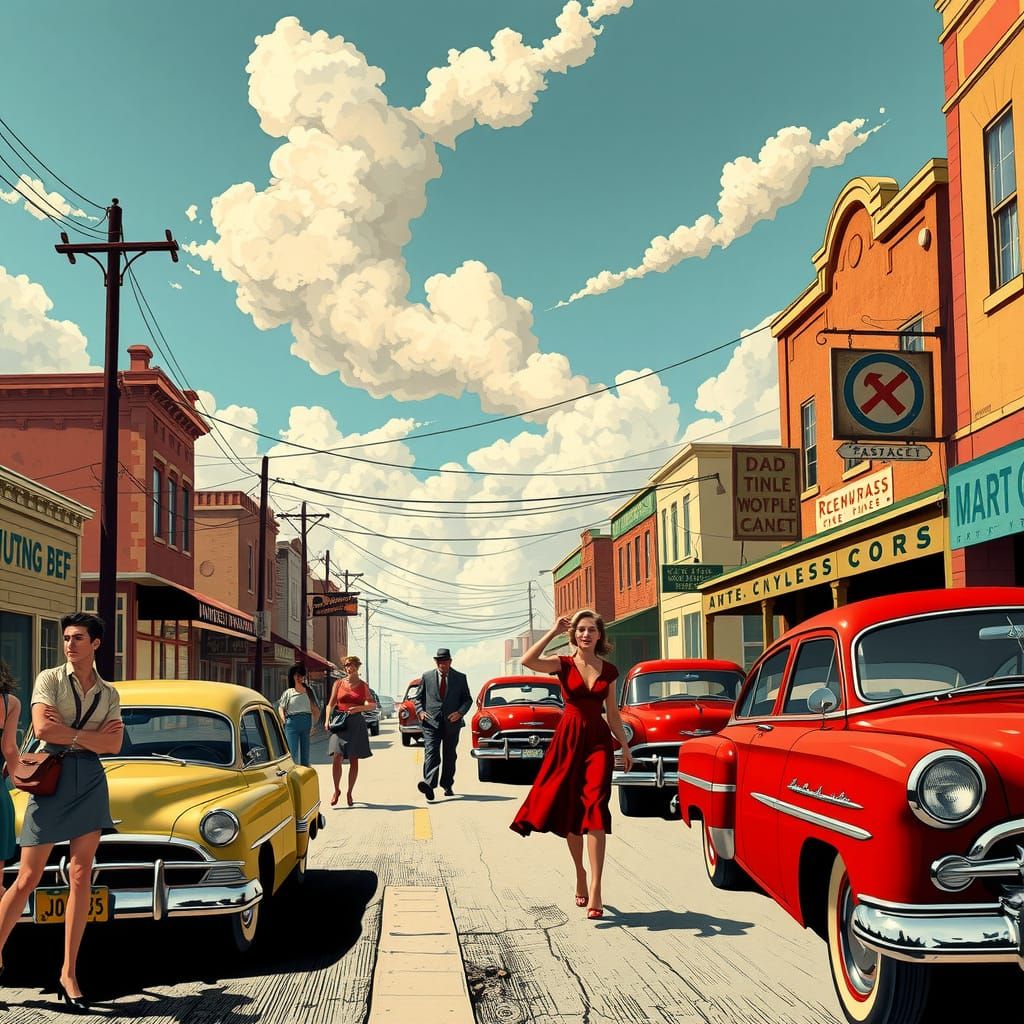 Retro American Small Town Street Scene in Pulp Comic Style