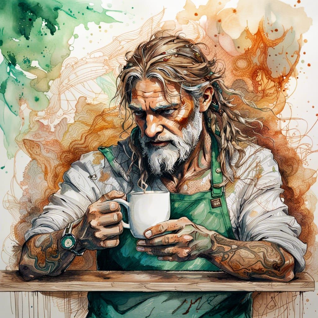 Michelangelo as Starbucks Barista: Watercolor Illustration