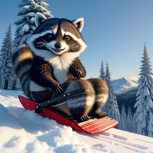 Raccoon Sledding in Winter Wonderland Cartoon