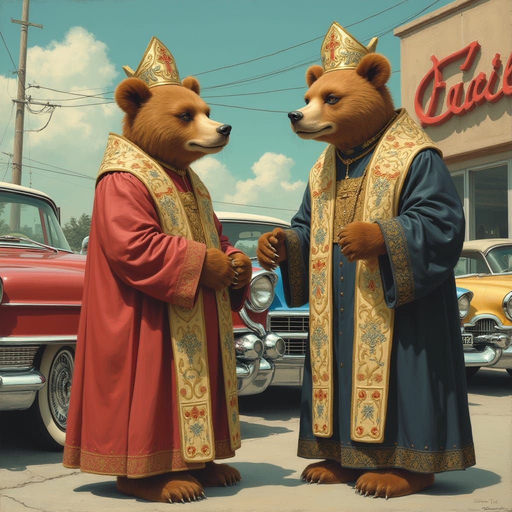Bears as Priests Buy Cadillac in Retro Style