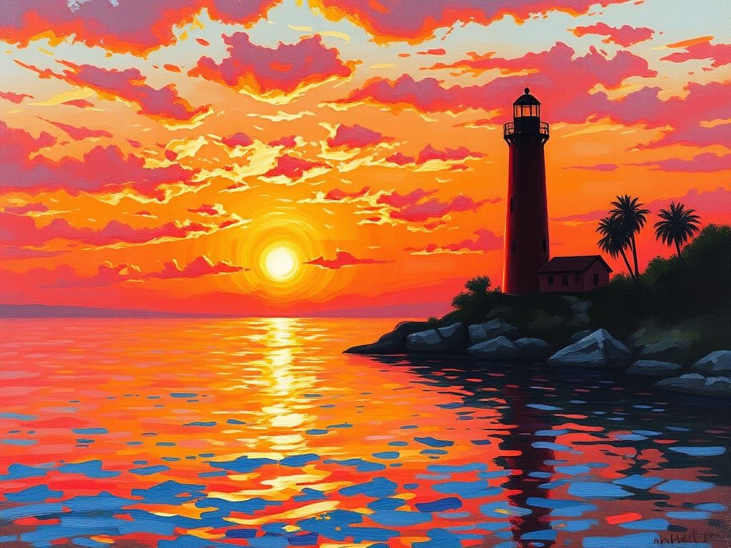 Surreal Lighthouse at Sunset in Impressionist Style