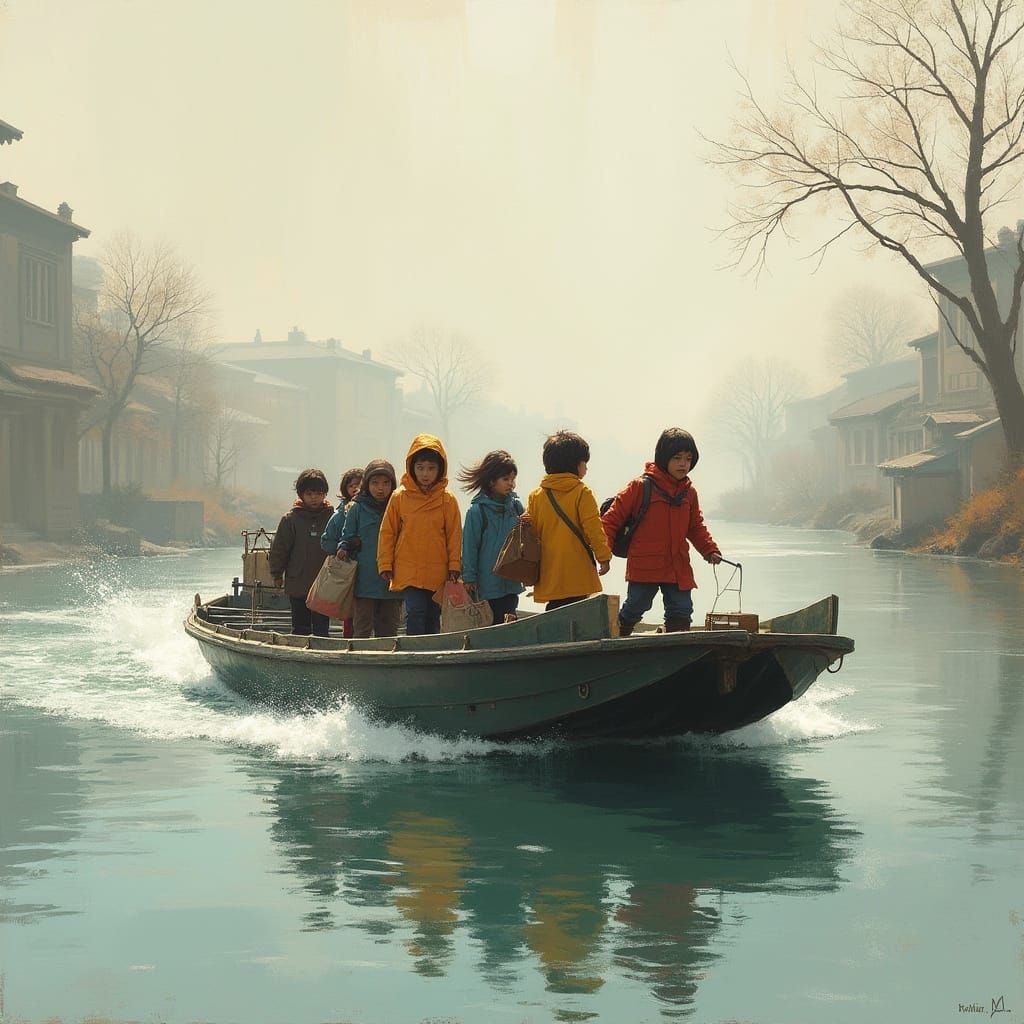 Motor Launch Ferrying Students in Painterly Style