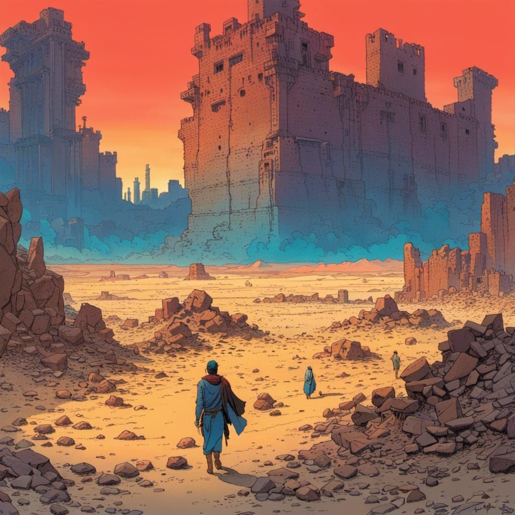 Desert Ruins at Twilight: Moebius-Inspired Art
