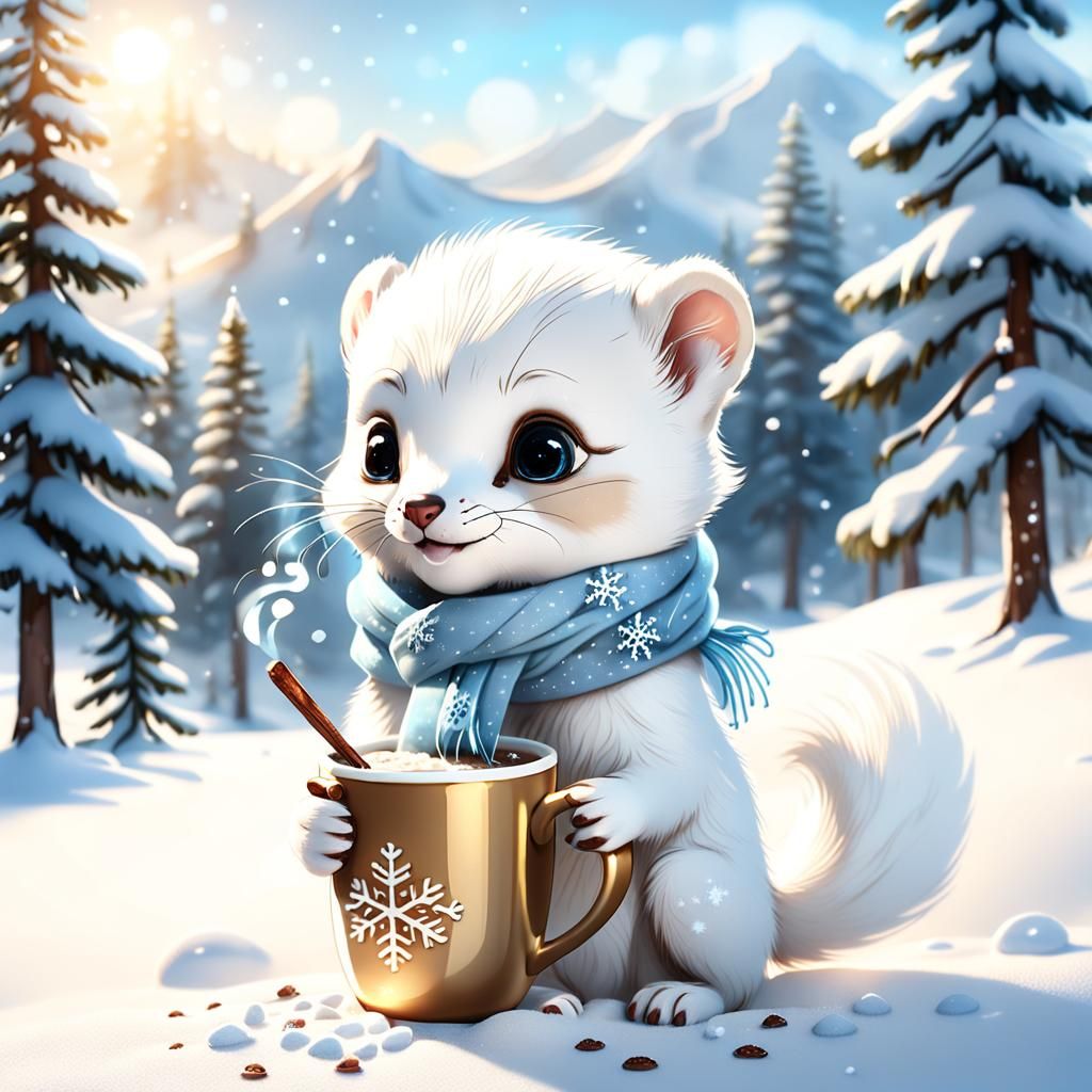 Warm Baby Weasel Enjoying Hot Chocolate in Winter Wonderland