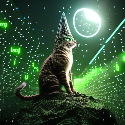 Mystical Cat Wizard at PC in Green Binary Style
