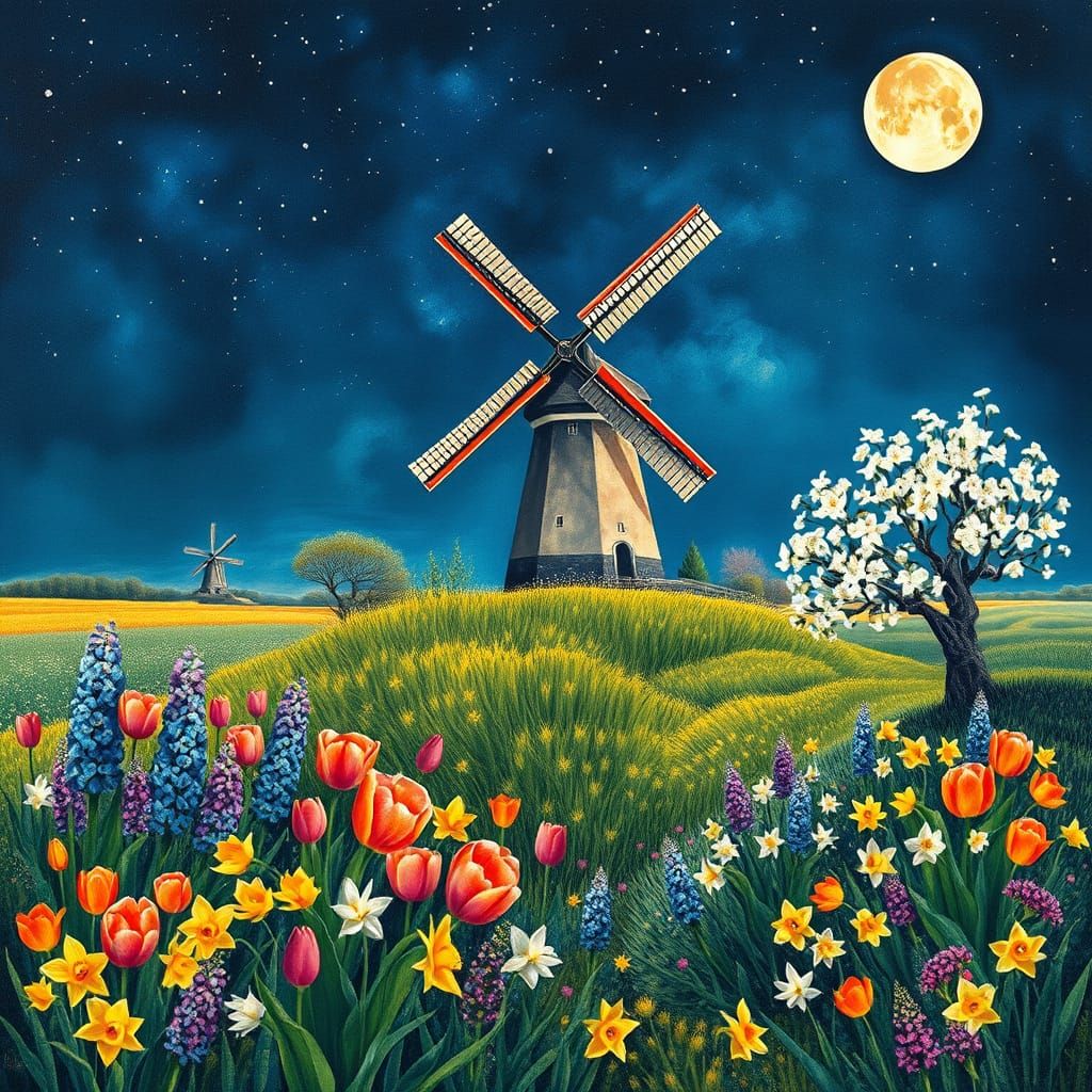 Whimsical Dutch Landscape in Gouache Style