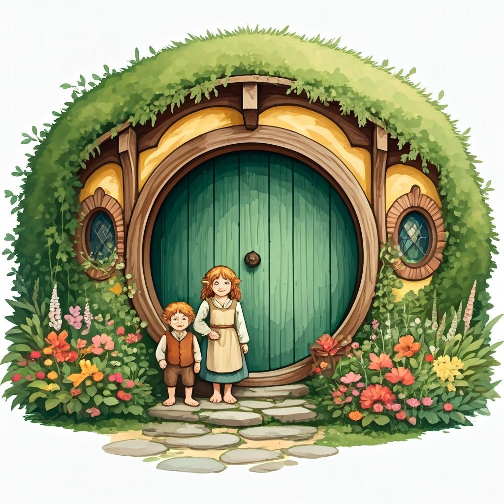 Hobbit Family in Quaint Village, Watercolour Style