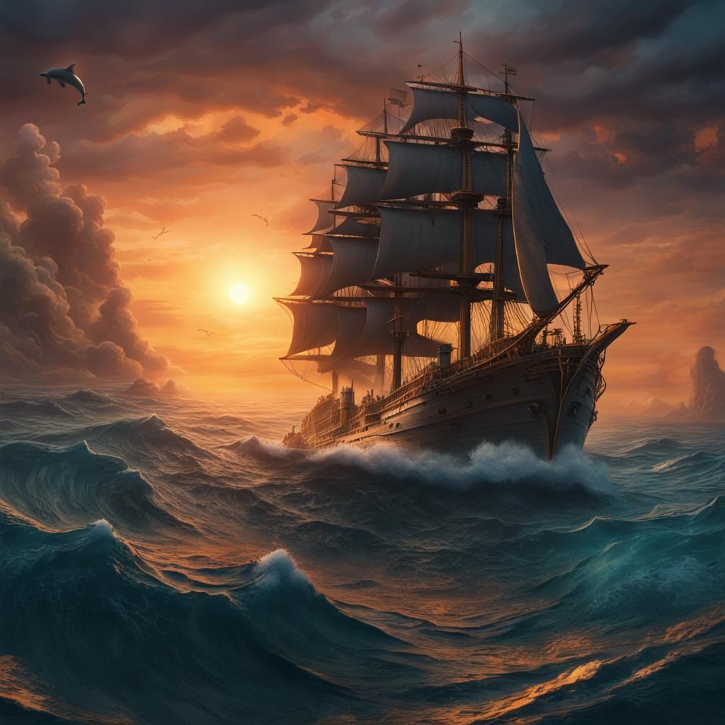 Dolphins Chasing Ship at Sunset: Fantasy Concept Art