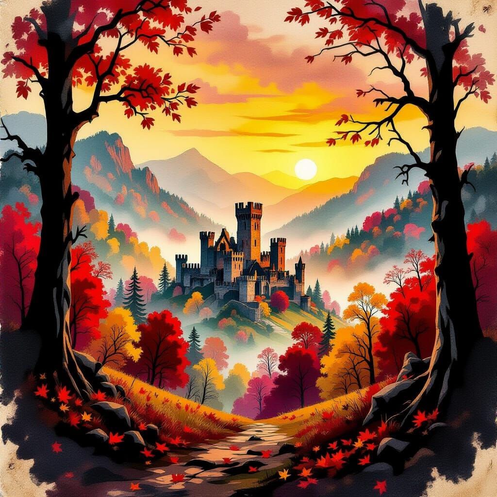 Autumn Castle Valley Painting in Impasto Expressionism Style
