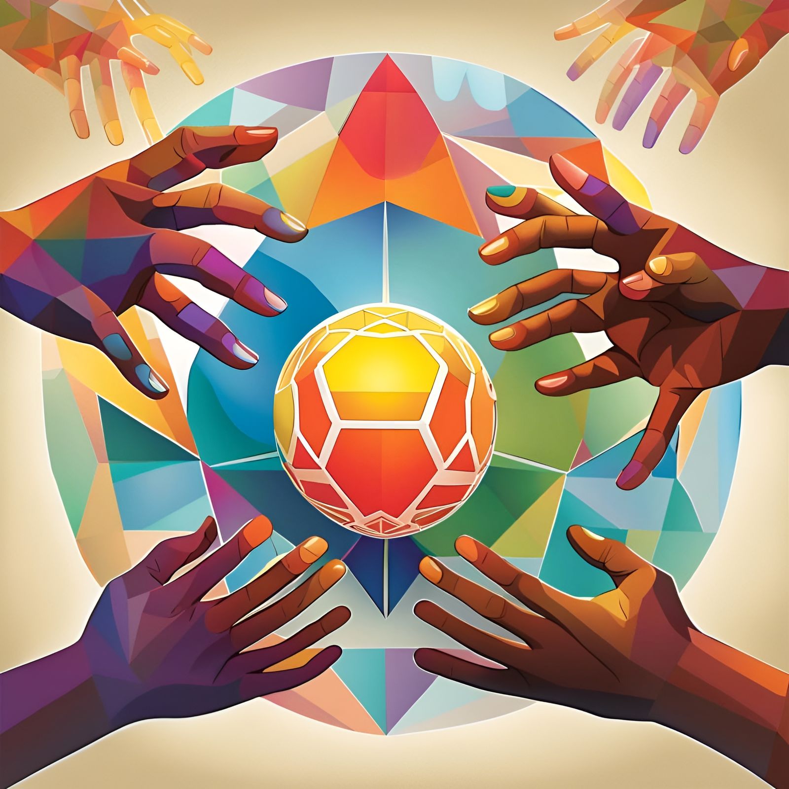 Hands Reach for Chrome Orb: Geometric Art Poster