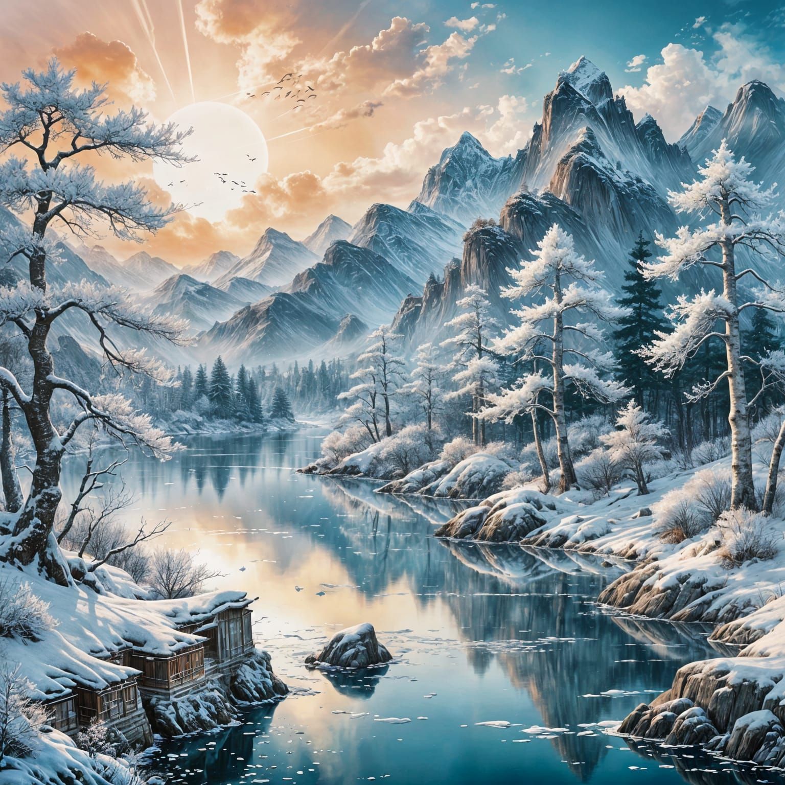 Zen Garden: Snowy Mountains in Chinese Ink Painting