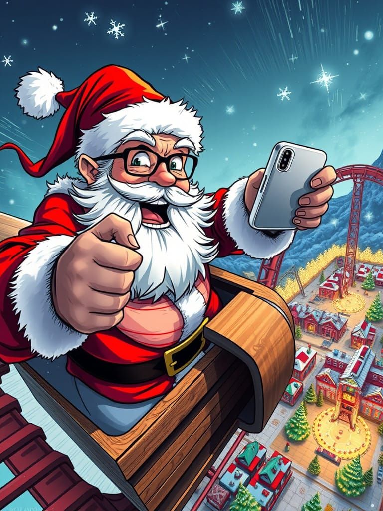 Santa's Epic Sleigh Ride Selfie in Vibrant Comic Book Style