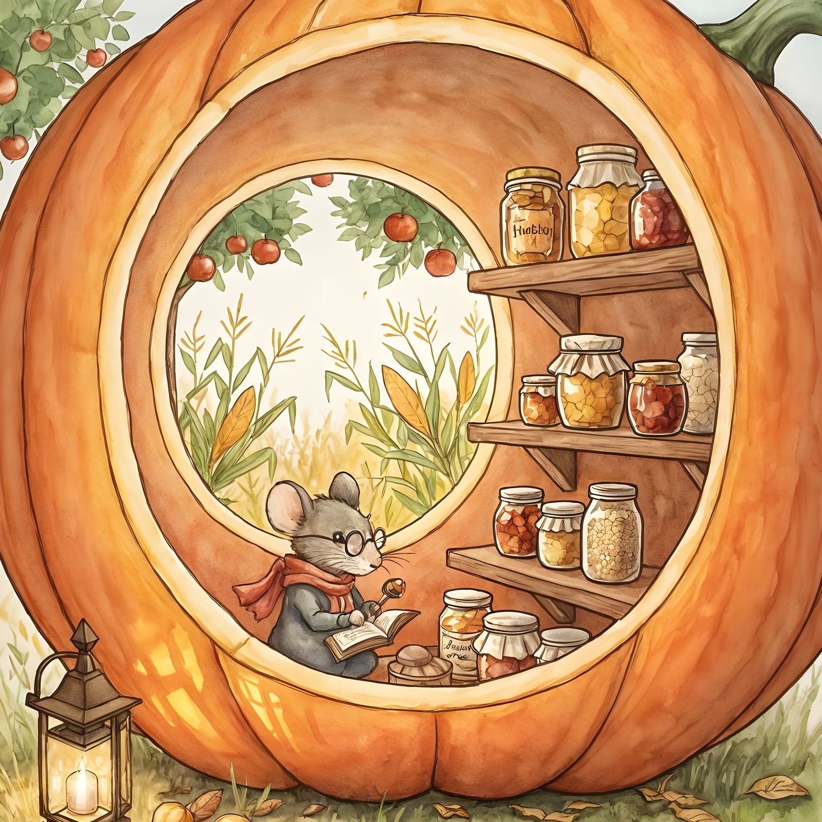 Cozy Harvest Kitchen Inside a Pumpkin with Scholar Mouse