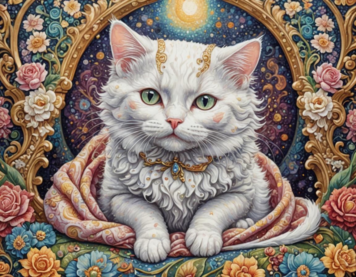 Baroque White Cat in Pointillism Style