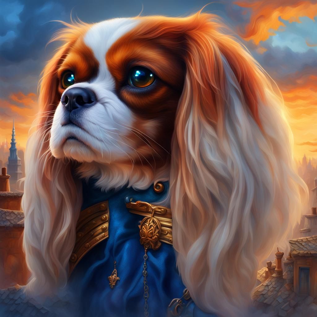 Heroic King Charles Cavalier on Rooftop, Oil Painting