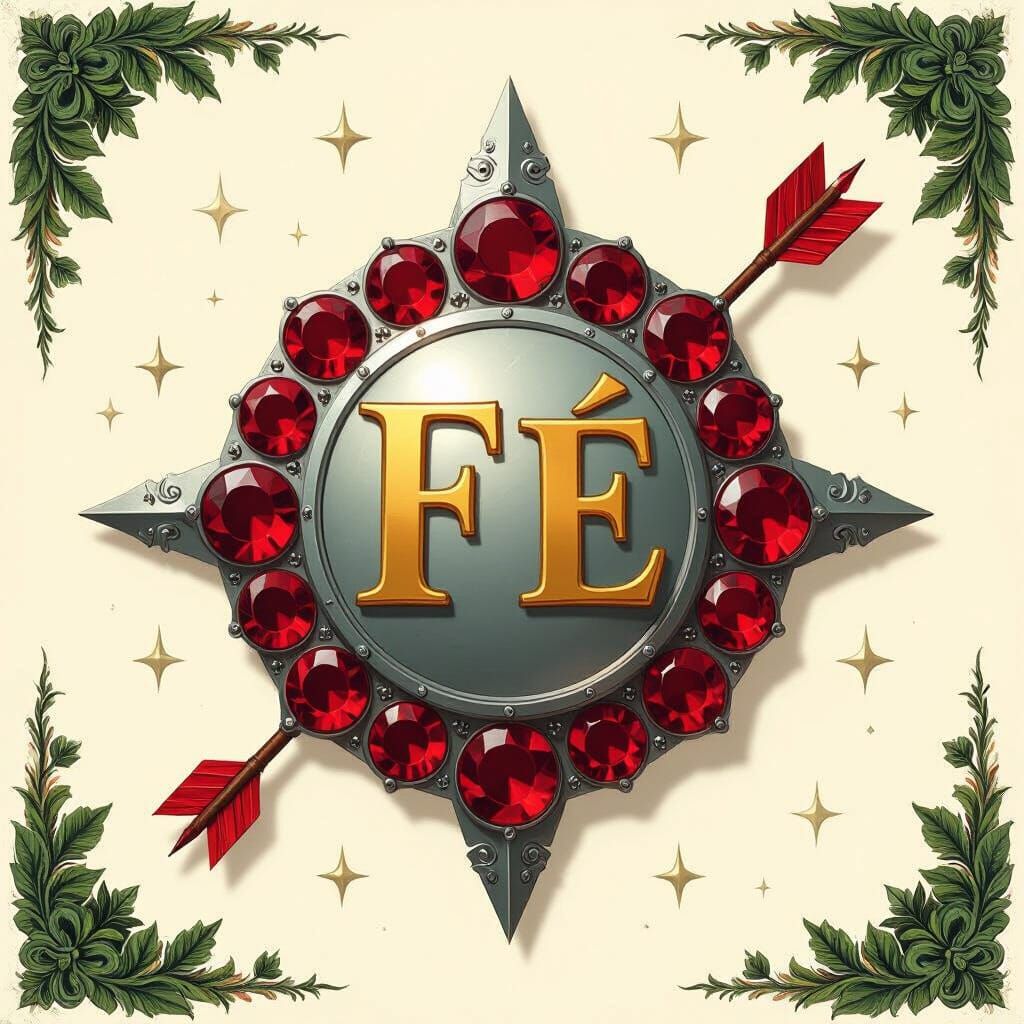 Silver Shield with Golden "Fé" in Matte Painting Style