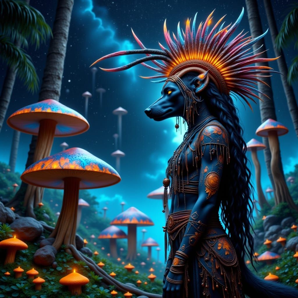 Enchanting African Goddess Surrounded by a Mystical Wolf and...