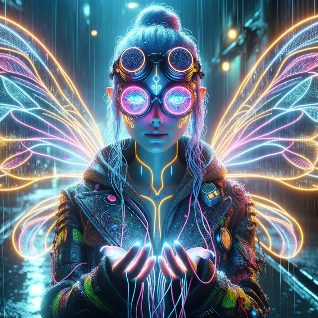 Cyberpunk Fairy with Holographic Wings in Neon Alley
