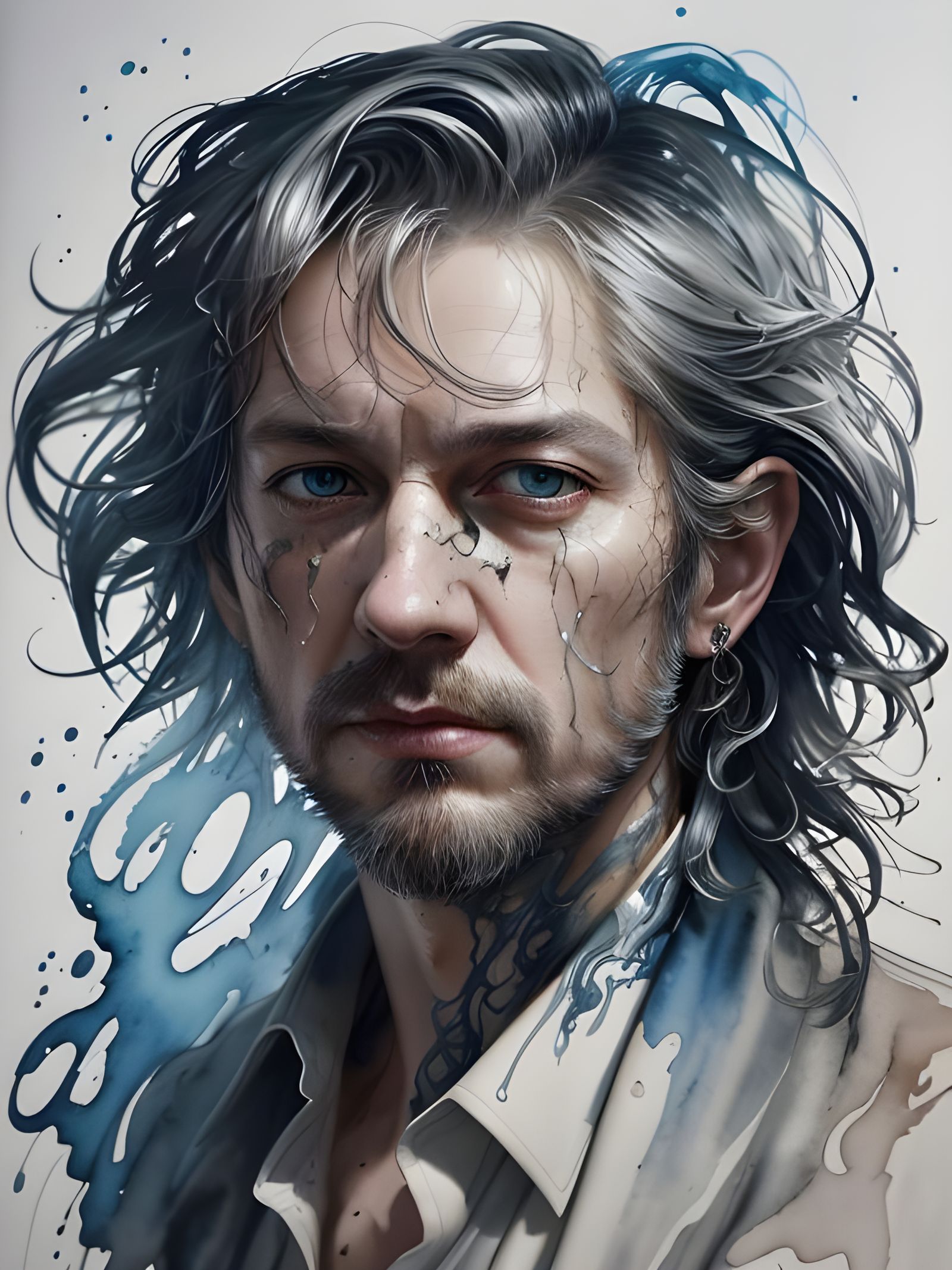 Disheveled Man Portrait in Fluid Gouache Style