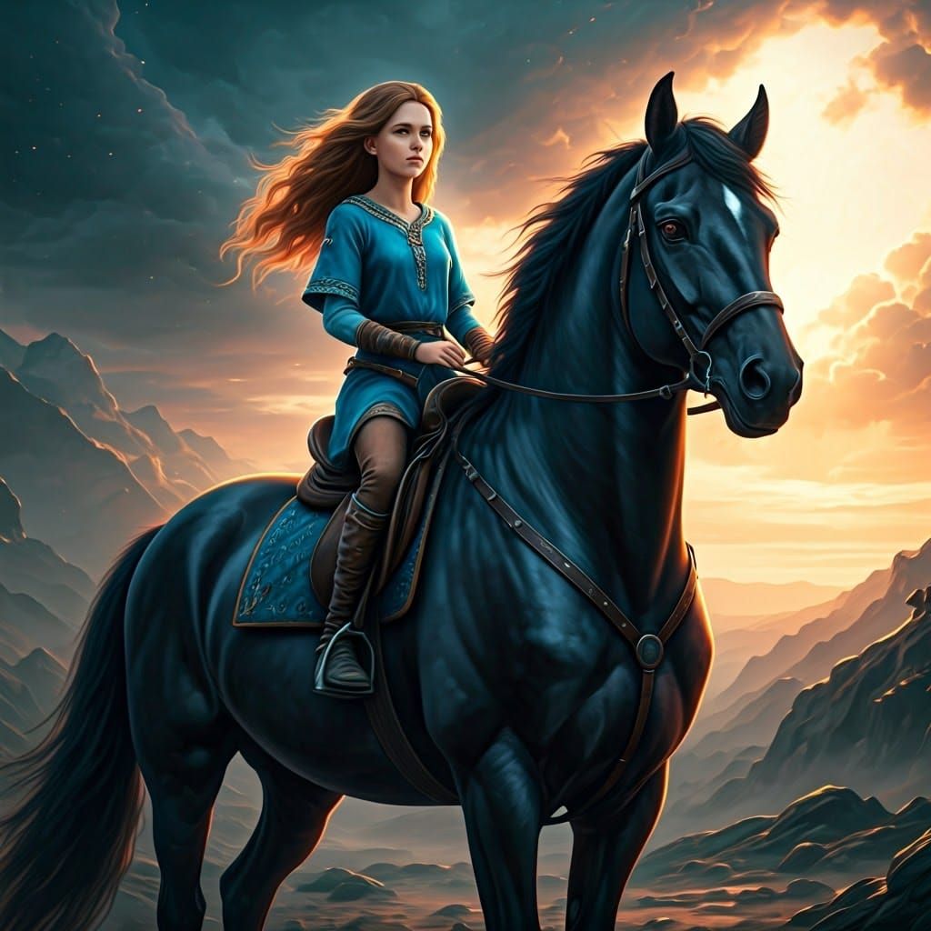 Girl Rides Black Stallion in Dreamlike Matte Painting