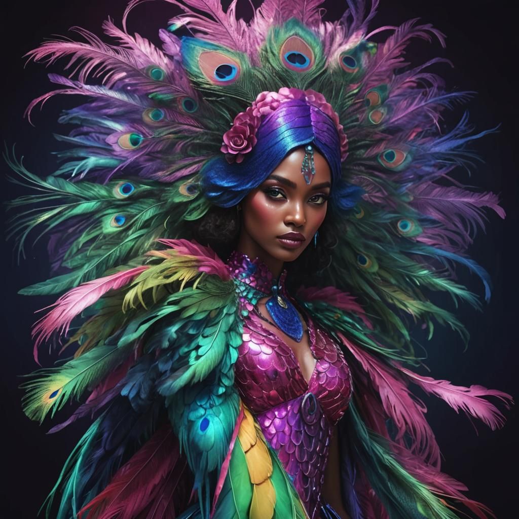 Stunning Woman with Peacock Feather Hair, Digital Art