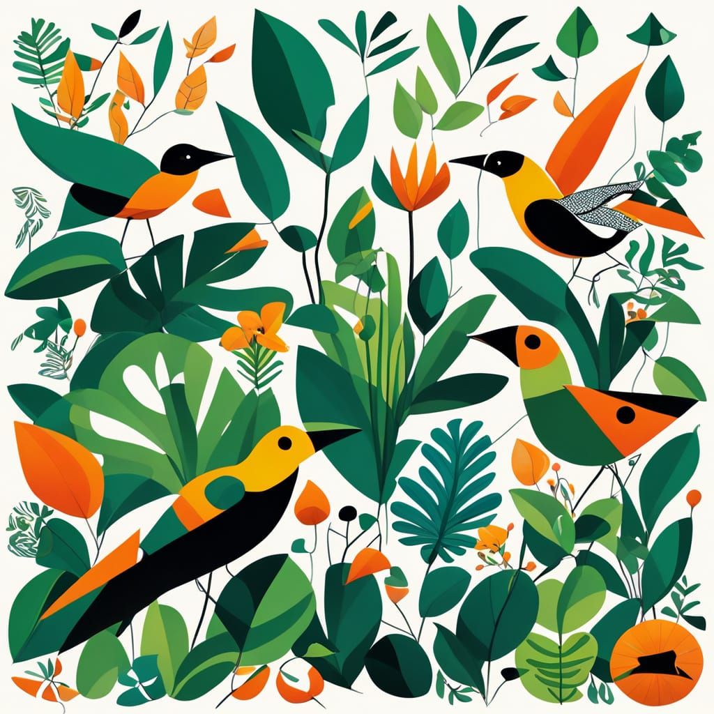 Vibrant Tropical Birds Amongst Blooming Greenery