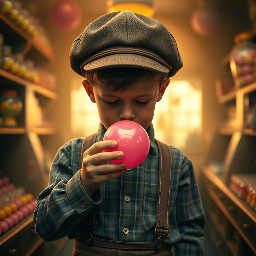 Little Boy Crafts Perfect Bubblegum in Nostalgic Candy Shop