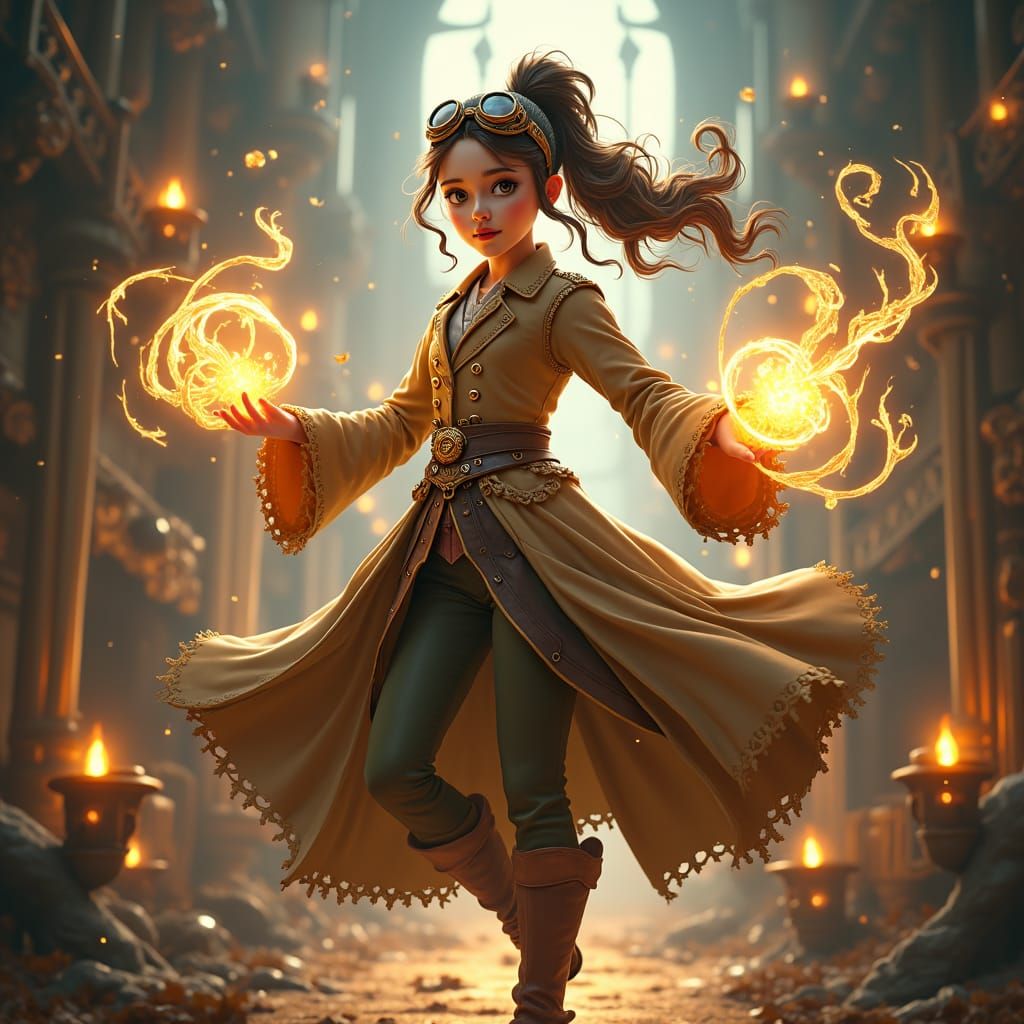 Steampunk Mage Casting Spell with Magic Circles