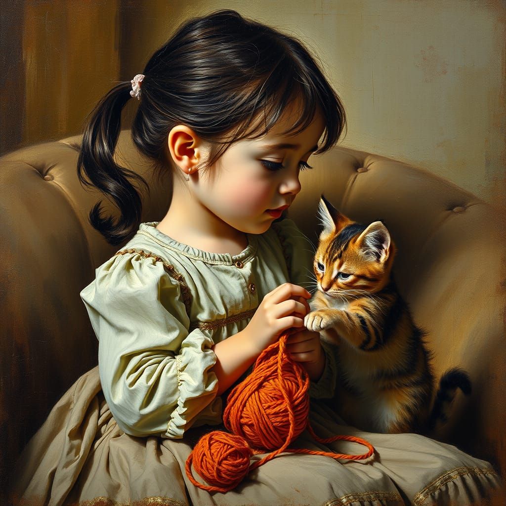 Girl and Cat Playing: Neo-Impressionist Oil Painting