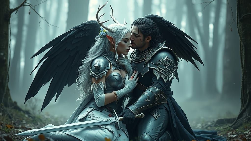 Ethereal Elf Knight in Torn Armor, Comforted by Mysterious G...
