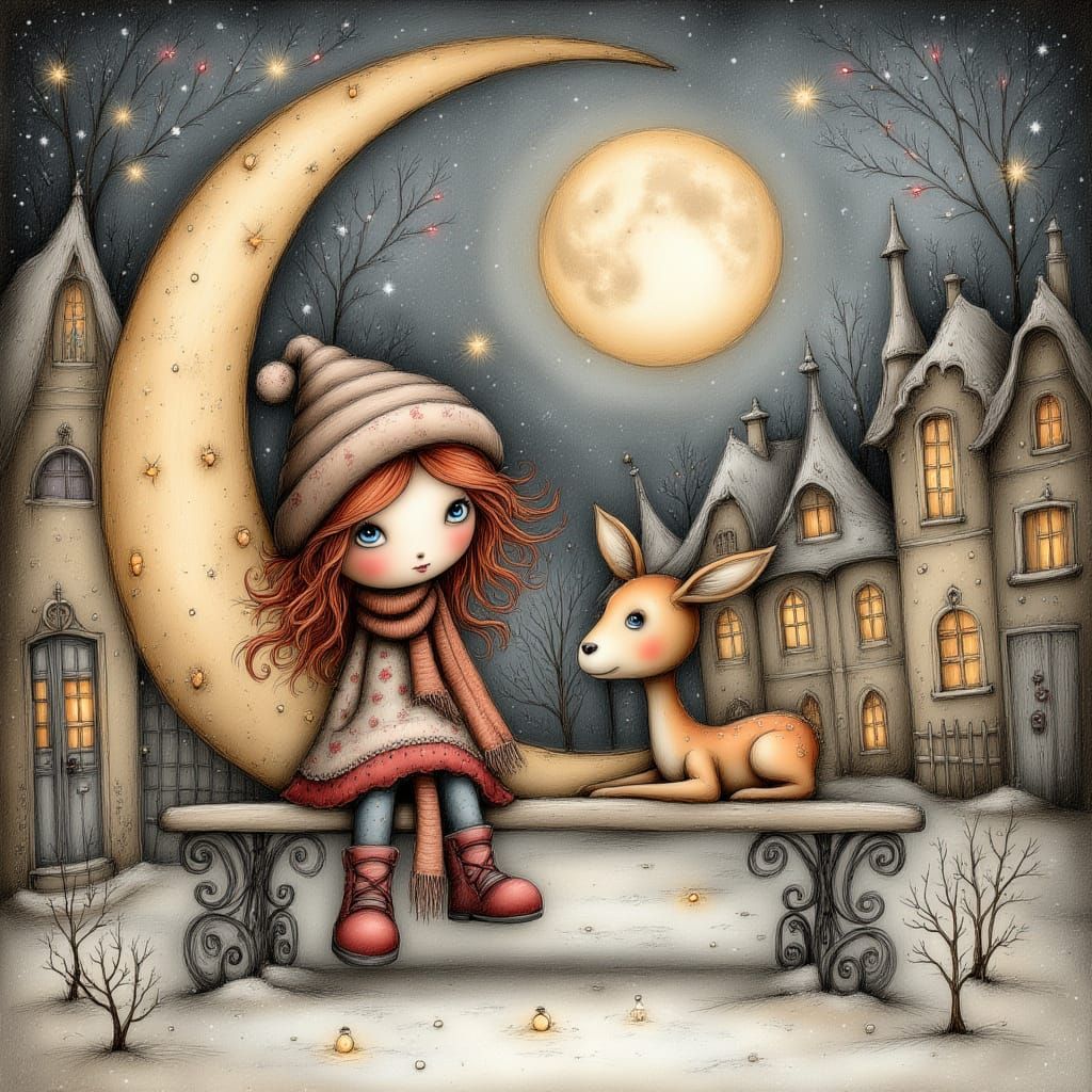 Enchanting Storybook Scene of Girl and Fawn