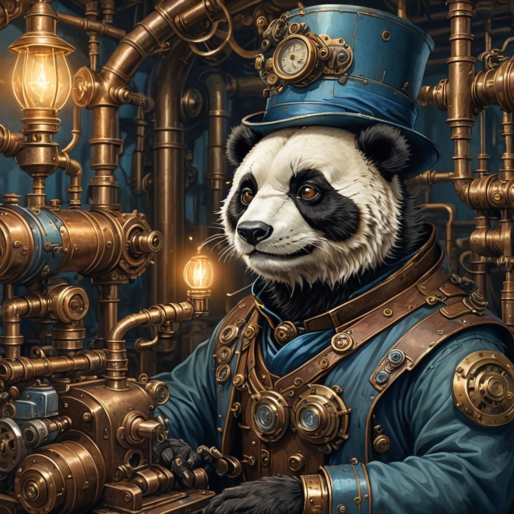 Steampunk Panda Portrait in Victorian Workshop