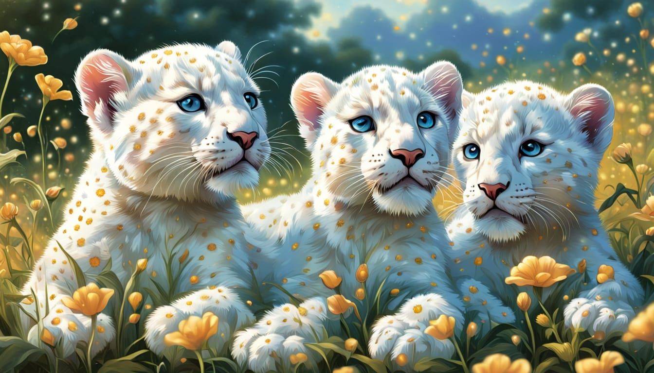 White Panther Cubs Playing in a Dreamy Flower Field