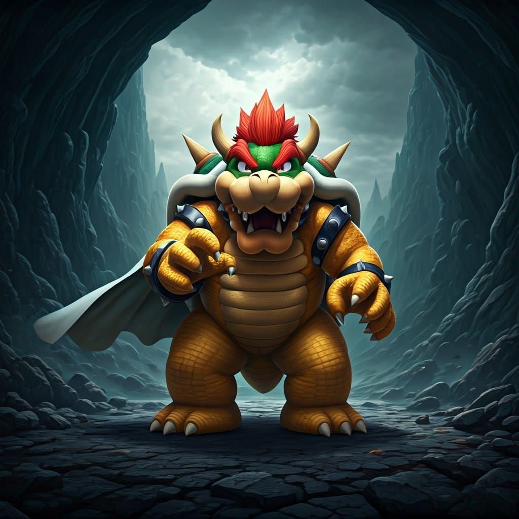 Saitama Overpowers Bowser in Fantasy Landscape