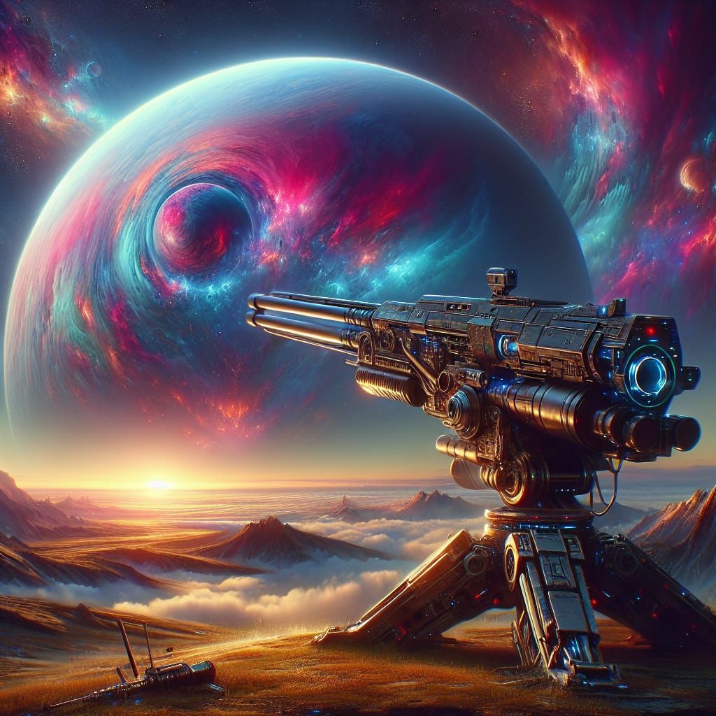 Futuristic Artillery Gun Aiming at Distant Planet