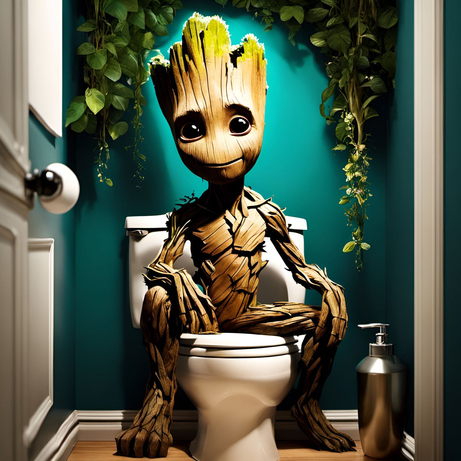 Adorable Groot Portrait Beside a Toilet