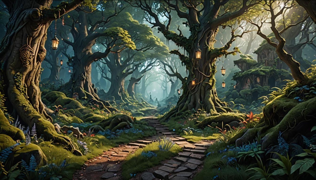 Enchanted Forest Path in Detailed Matte Painting