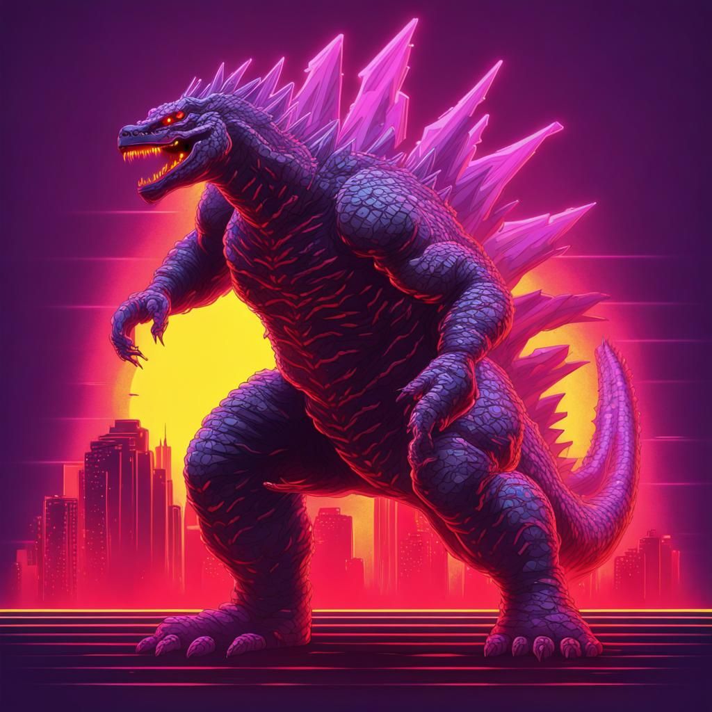 Synthwave Godzilla with Glowing Veins and Jagged Plates